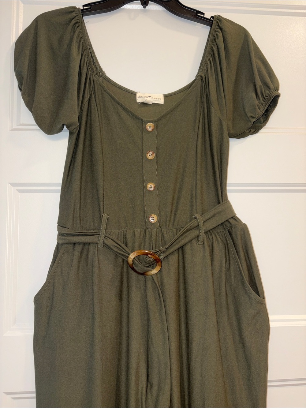 Derek Heart Olive Puff-Sleeve Wide-Leg Jumpsuit with Ring-Belt - Picture 2 of 12